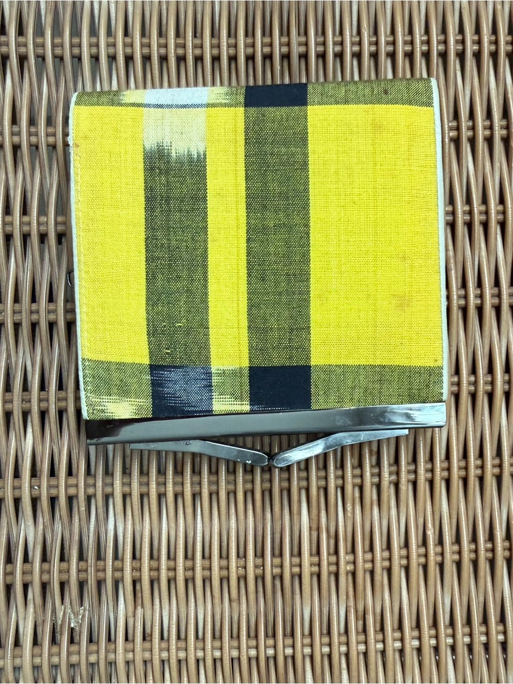 Vintage Style Yellow Plaid Coin Purse Wallet Metal Frame